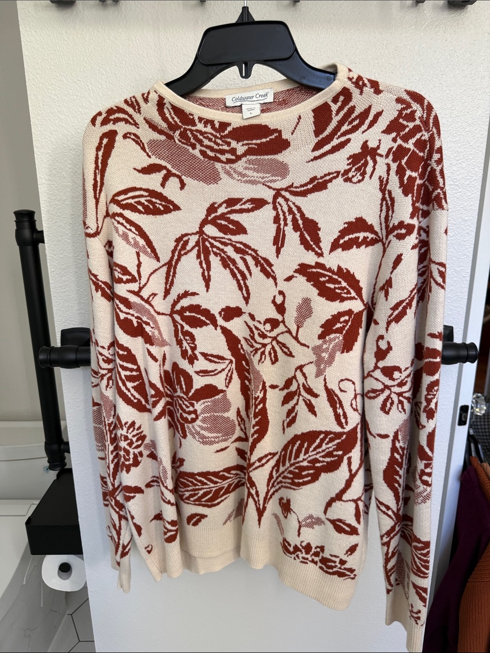 Coldwater Creek Cream and Rust Floral Crewneck Sweater